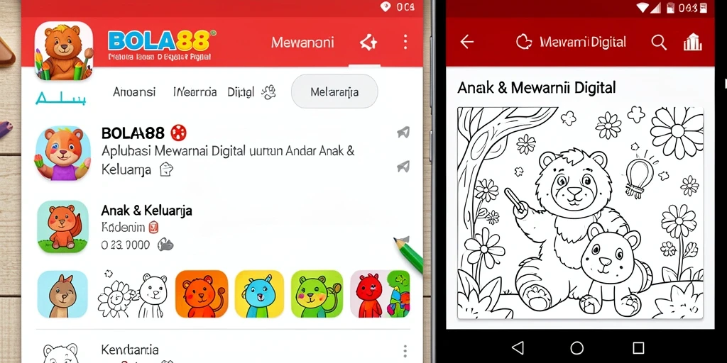 Antarmuka BOLA88 menampilkan gambar mewarnai yang ceria dan alat warna yang beragam.