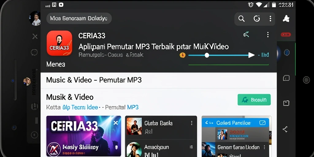 Screenshot antarmuka utama CERIA33 menampilkan pemutar MP3 yang user-friendly.