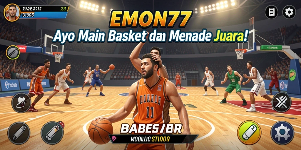 Screenshot antarmuka utama EMON77 menampilkan aksi seru permainan Basket.
